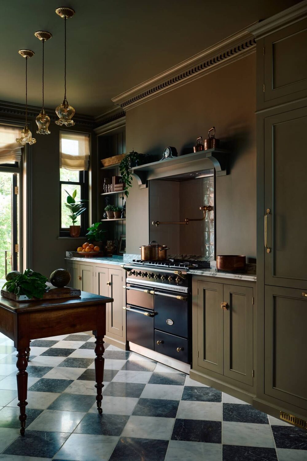 Trend Alert: 36x Color-Drenched Rooms 23 all-green-classic-english-devol-kitchen-marble-checkerboard-floor-nordroom