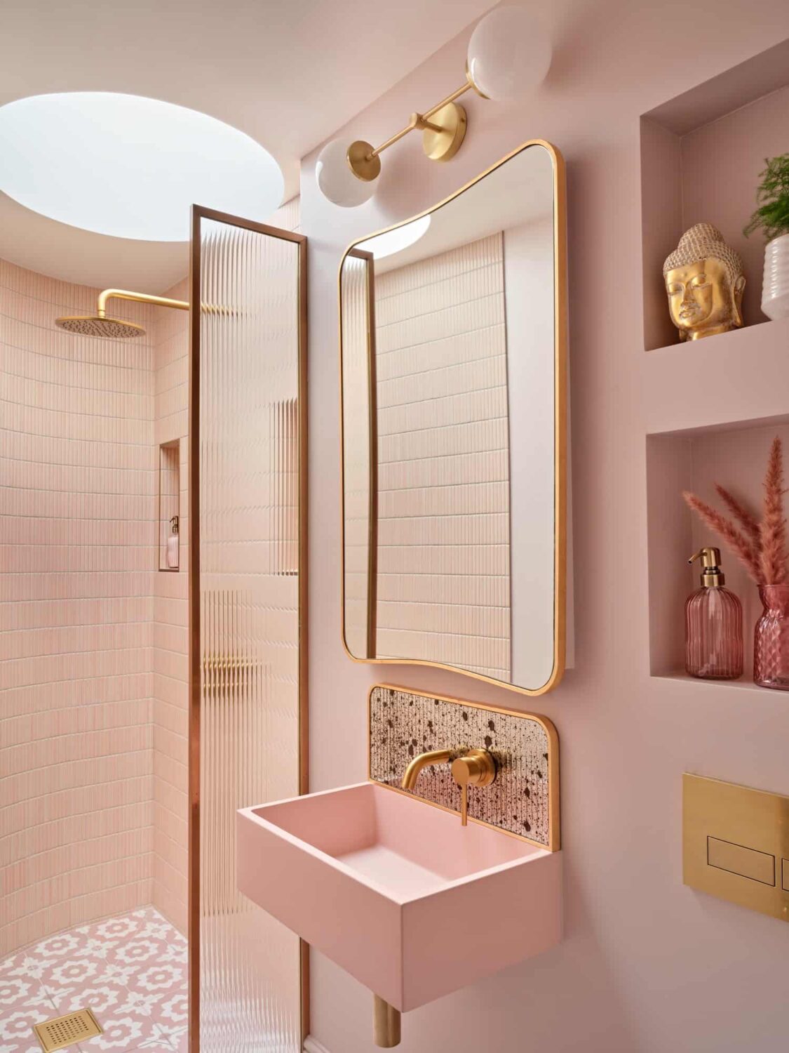 Pink & Gray Rooms in a Victorian Home with a Guest House 13 all pink bathroom with walk in shower pink sink and storage niches