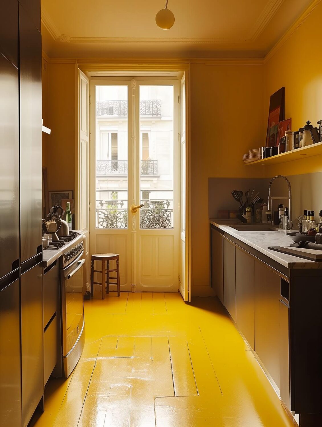 Yellow Kitchen Design Ideas (with Paint Colors) 58 apartment kitchen with black cabinets and yellow floor and walls nordroom Yellow Kitchen Design Ideas (with Paint Colors)