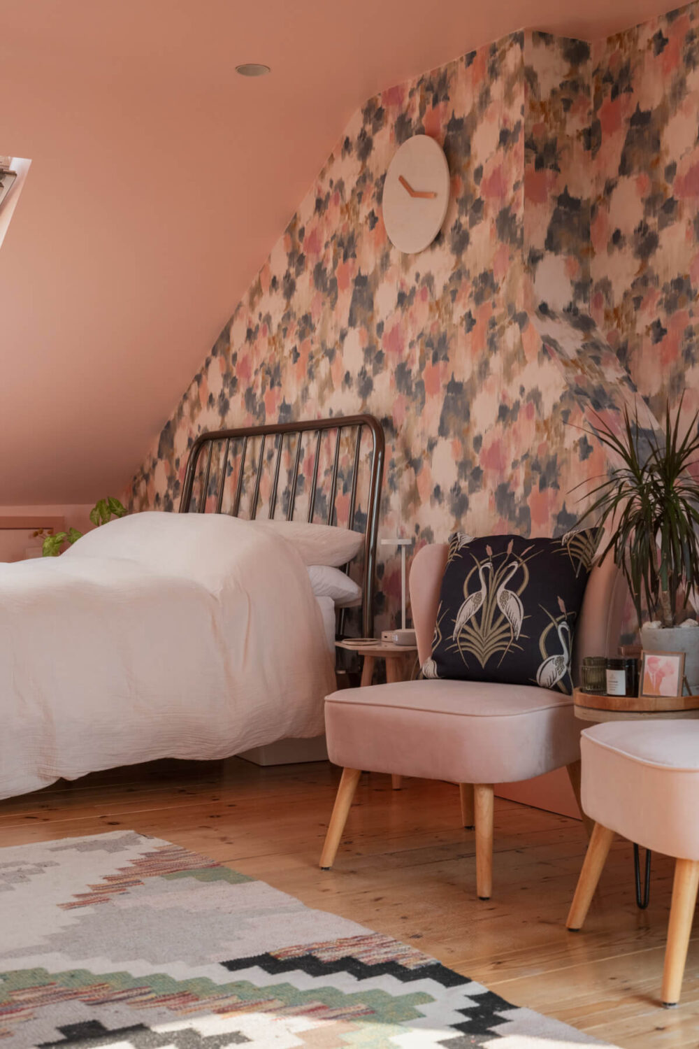 Exposed Brick and Wooden Beams in an Extended London Home 32 attic bedroom colorful wallpaper