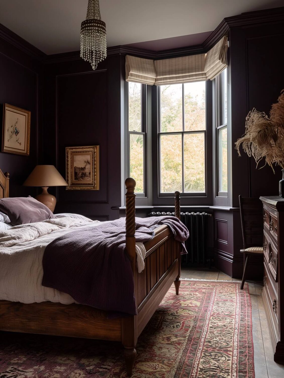 Beautiful Dark Feminine Bedroom Ideas For Every Style 6 aubergine bedroom with bay window and antique bed