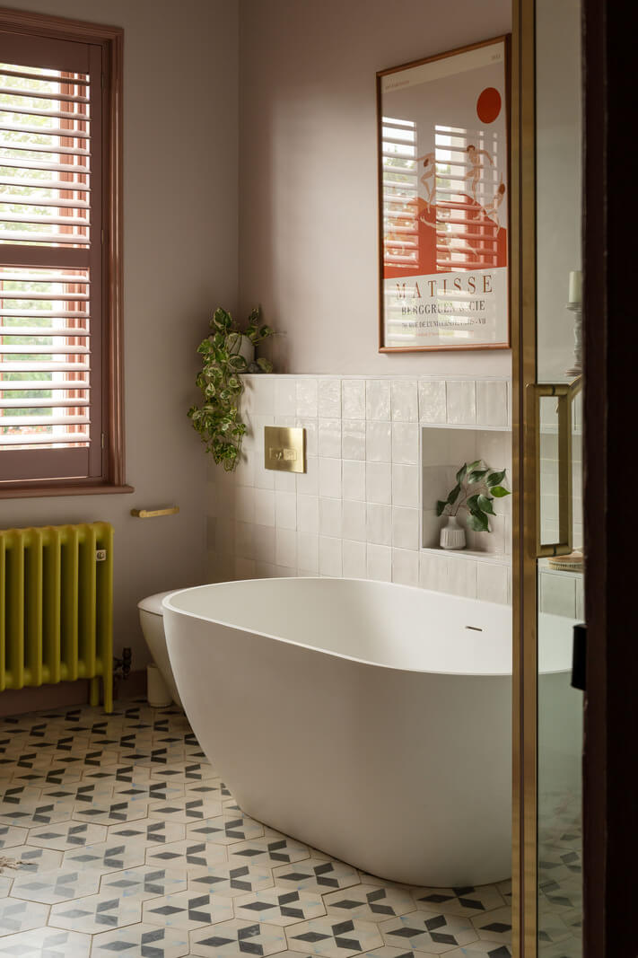 Vibrant Colors in a 19th-Century Regency Townhouse in England 21 bathroom geometric floor tiles freestanding bath