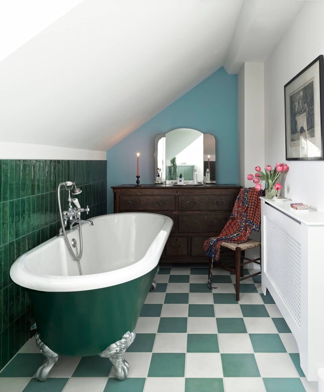 40+ Colorful Bathrooms That Will Spruce Up Your Home 25 bathroom-green-wall-tiles-freestanding-bath-checkerboard-floor-tiles-antique-vanity-nordroom