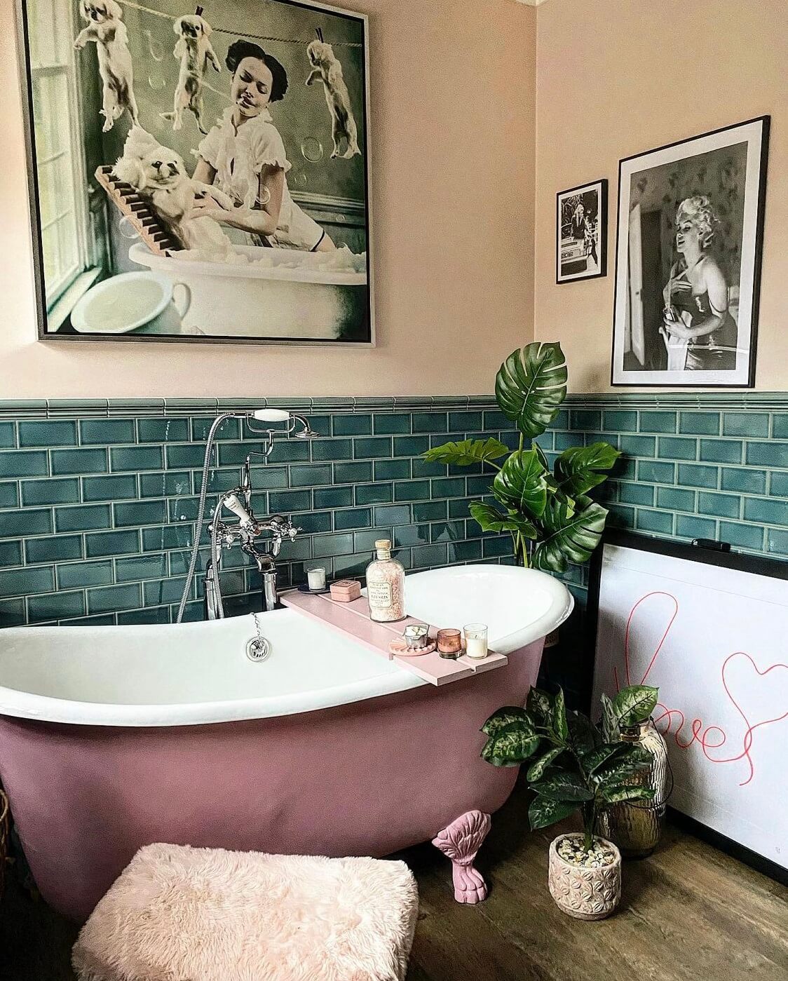 40+ Colorful Bathrooms That Will Spruce Up Your Home 23 bathroom-pink-clawfoot-bath-green-tiles-nordroom