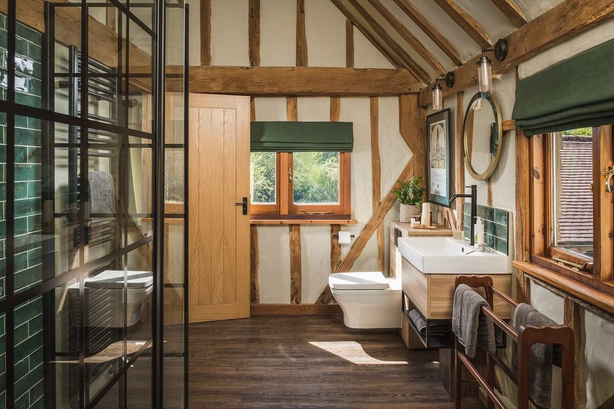 bathroom pitched ceiling wooden beams GREAT BUDDS OAST