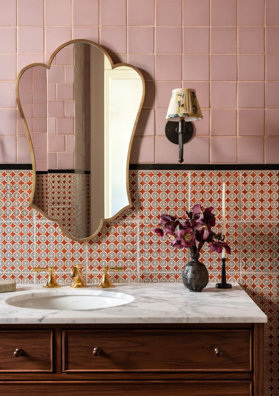 40+ Colorful Bathrooms That Will Spruce Up Your Home 18 bathroom-vanity-marble-sink-pink-tiles-nordroom