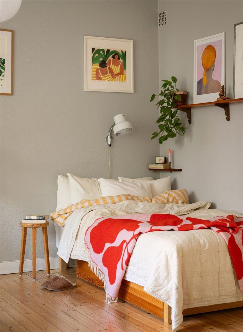 Midcentury Design and Colorful Decor in a Charming Studio Apartment 6 bed nook gray walls studio apartment