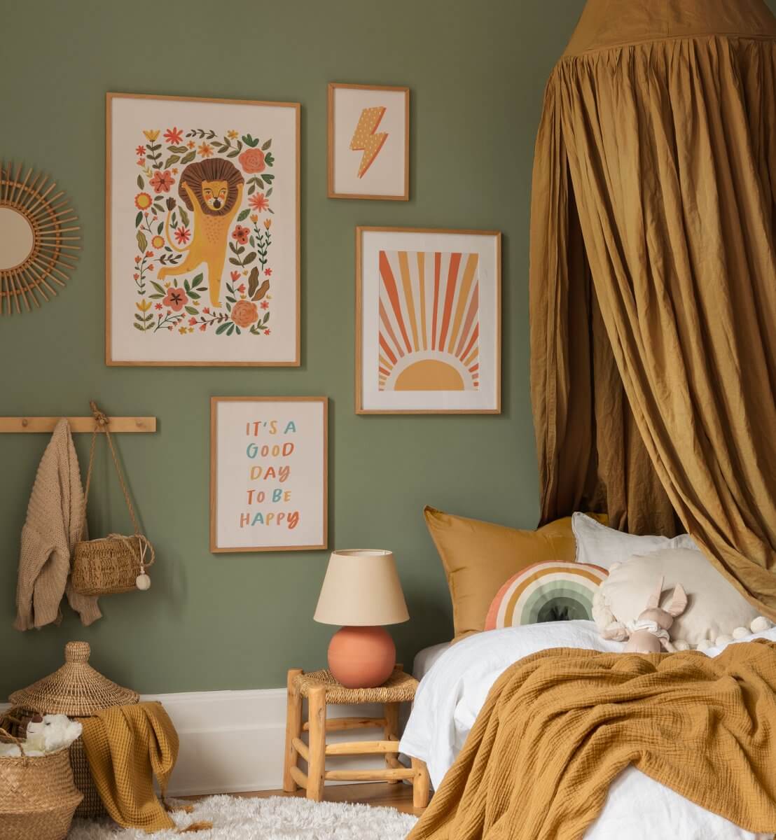 The Color Trends for 2025: Warm, Natural Shades and a Cheerful Accent 65 bedroom-sage-green-walls-mustard-yellow-decor-canopy-nordroom