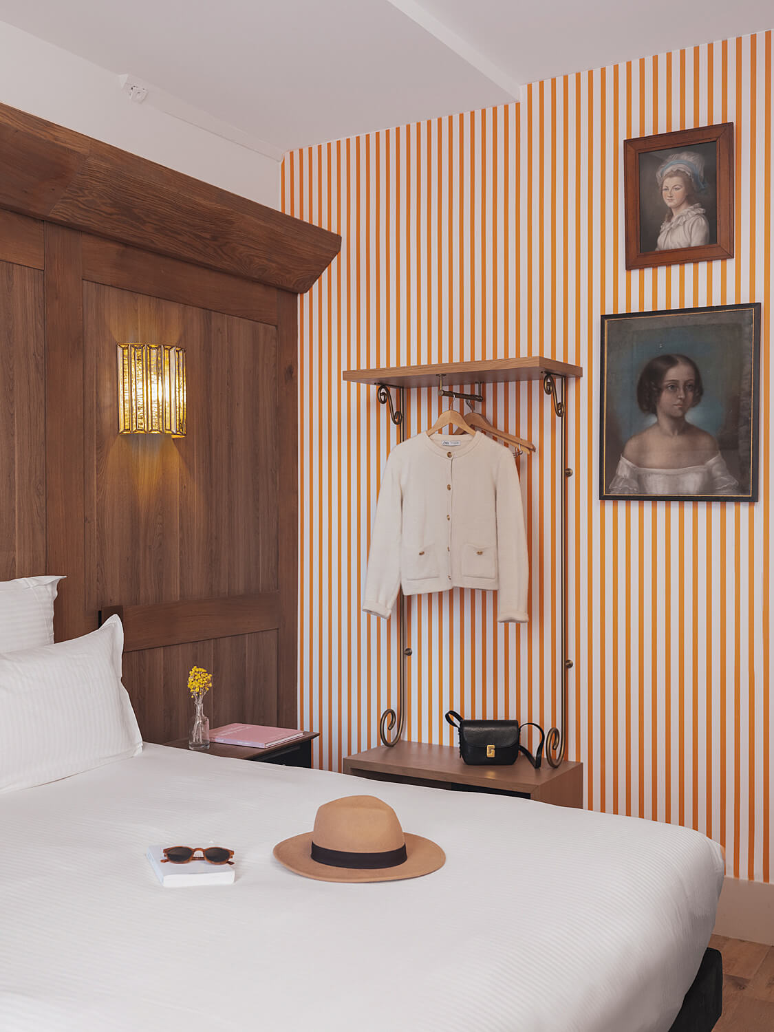 Top Boutique & Design Hotels in the Latin Quarter of Paris 21 bedroom wood paneling striped wallpaper hotel madeleine de senlis paris latin quarter nordroom Top Boutique & Design Hotels in the Latin Quarter of Paris