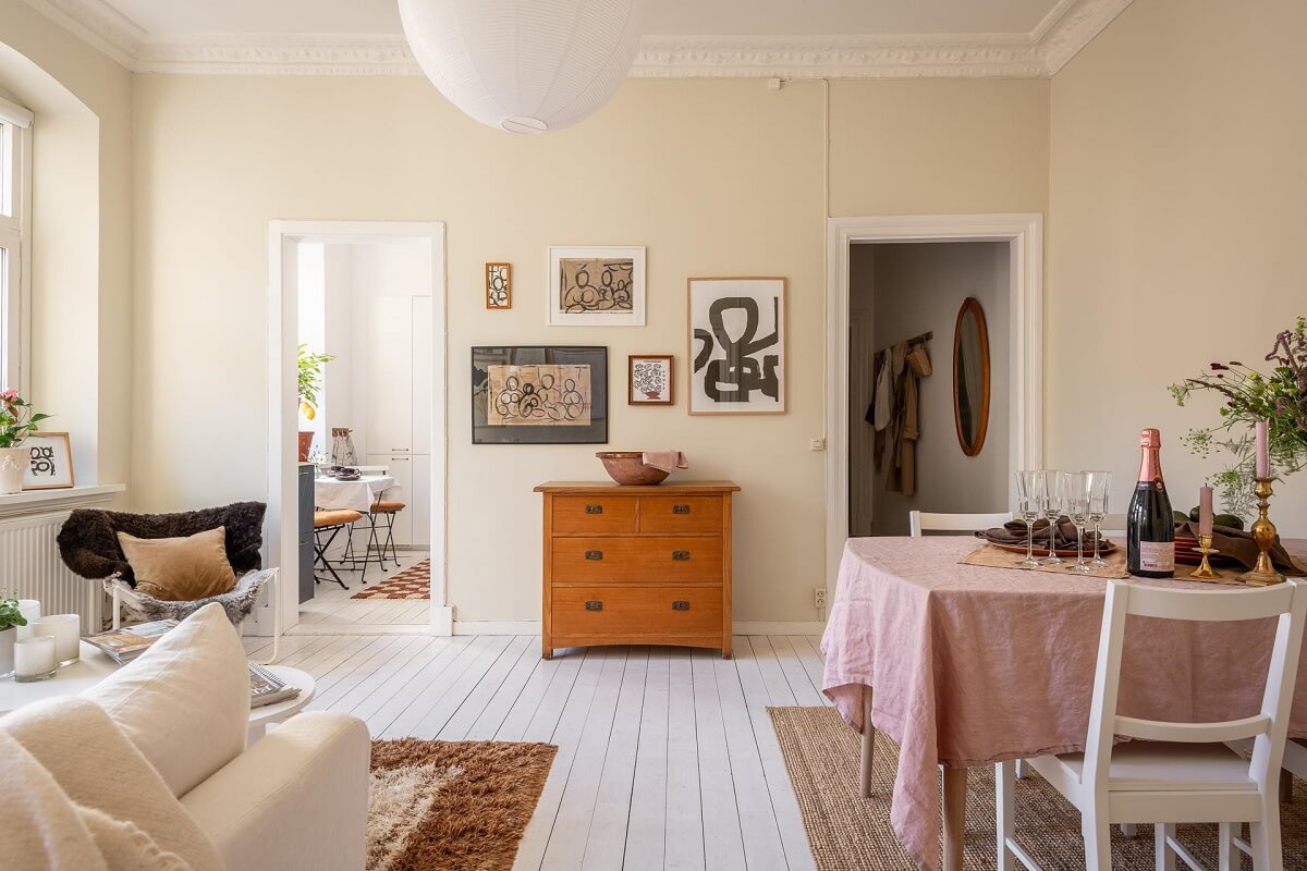 Warm, Neutral Colors in a Lovely Swedish Apartment 9 beige living room with white wooden floor nordroom