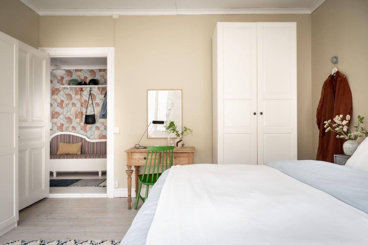 beige scandi bedroom with wooden desk nordroom