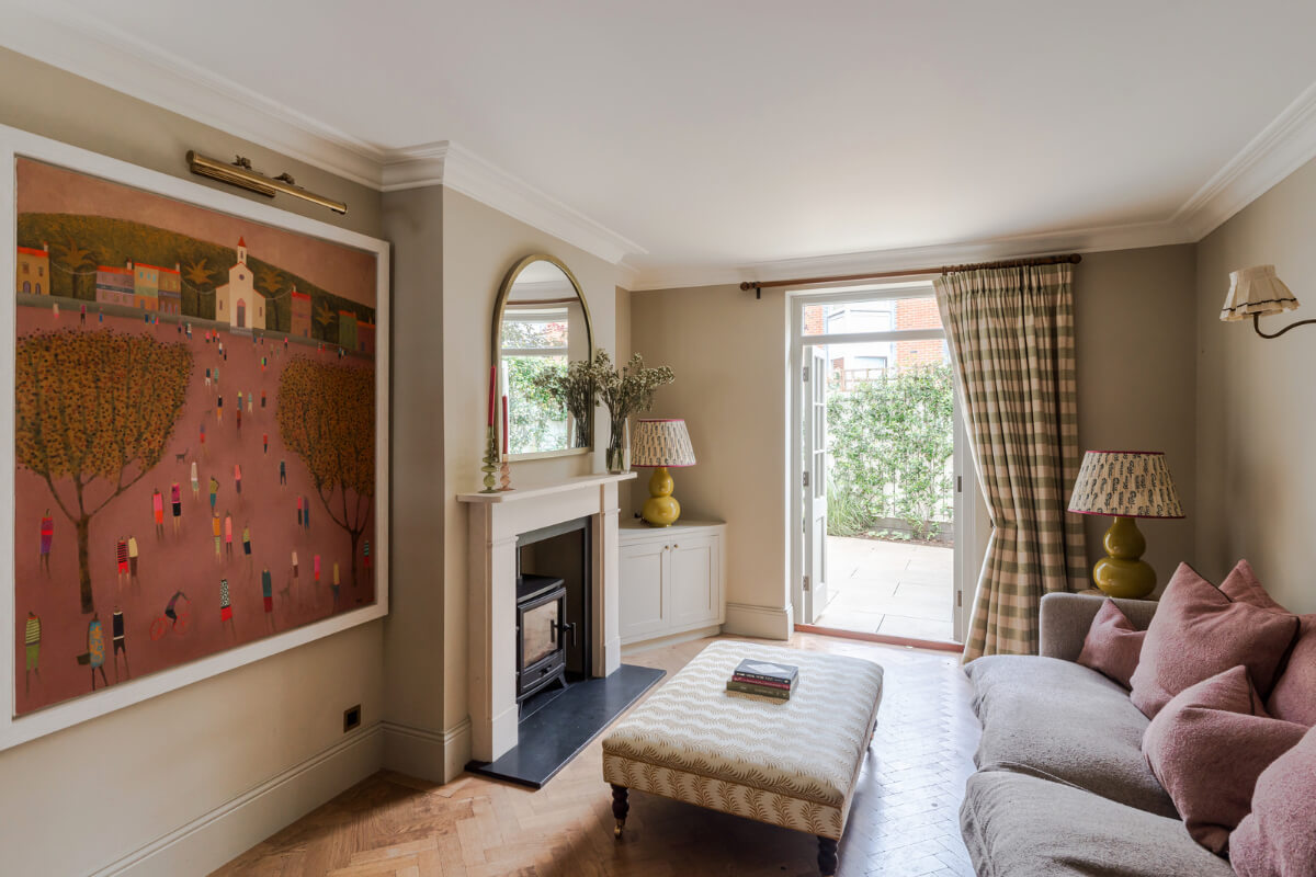 Color, Pattern, and Texture in a Renovated London Townhouse 9 beige sitting room large pink artwork