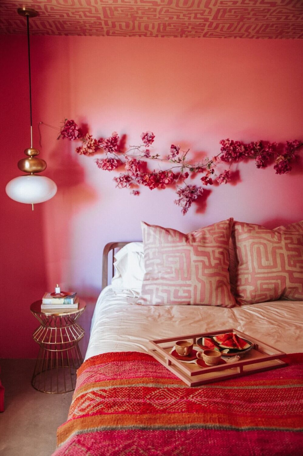 A Colorful Airbnb Home in the Morongo Valley 25 bight-pink-bedroom-floral-wall-hanging-nordroom