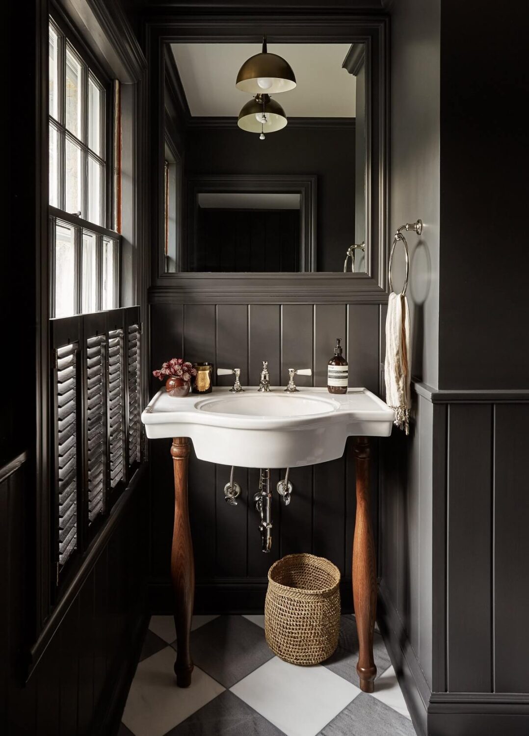 Moody, not Gloomy! Beautiful Dark Small Bathrooms 19 black-powder-room-checkerboard-floor-nordroom