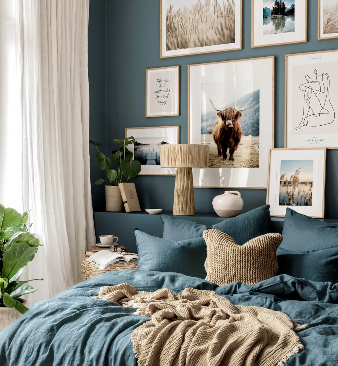 2026 Color of the Year Prediction (with Color Palettes) 25 blue-bedroom-natural-color-accents-gallery-wall-nordroom