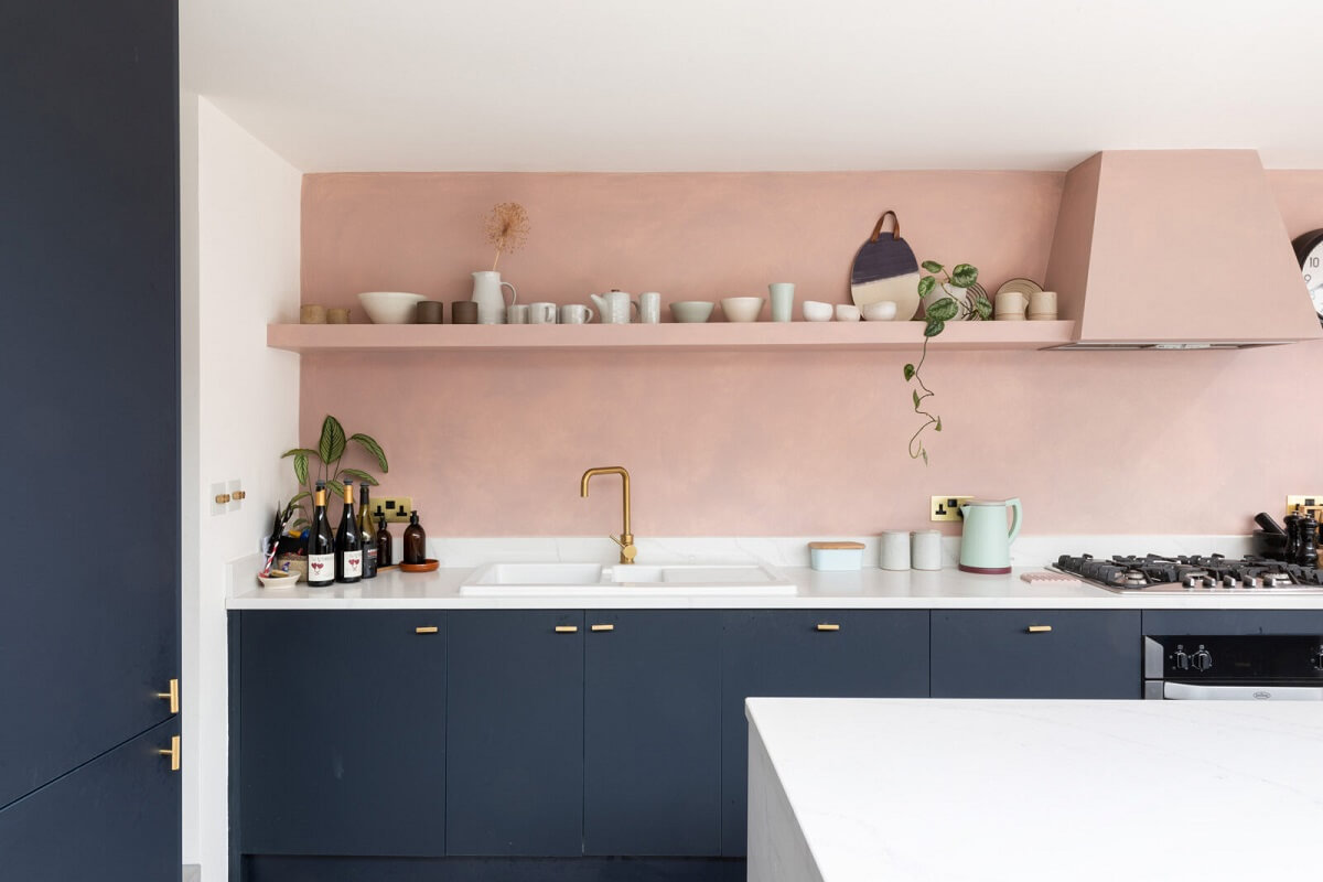 A London Family Home with a Light Modern Extension 5 blue kitchen cabinets open helf nordroom