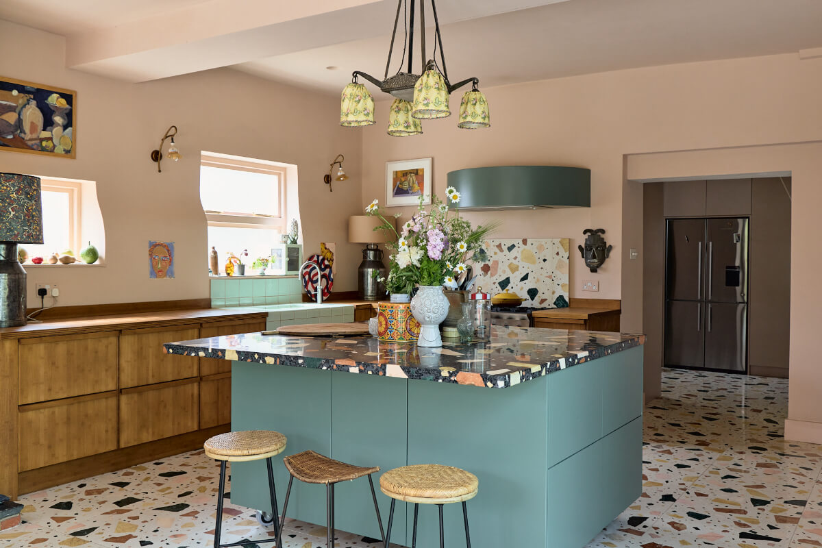 A Colorful Design-Led Georgian House in the Heart of Henley-on-Thames 2 blue kitchen island with terrazzo top