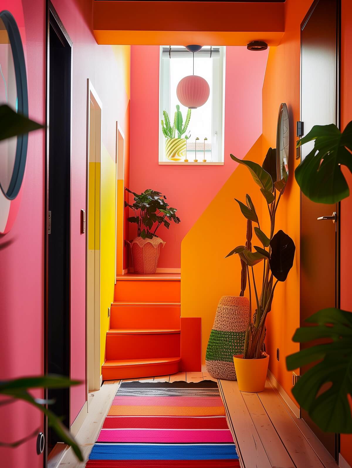 bold colorful hallway with staircase plants and wooden floor nordroom