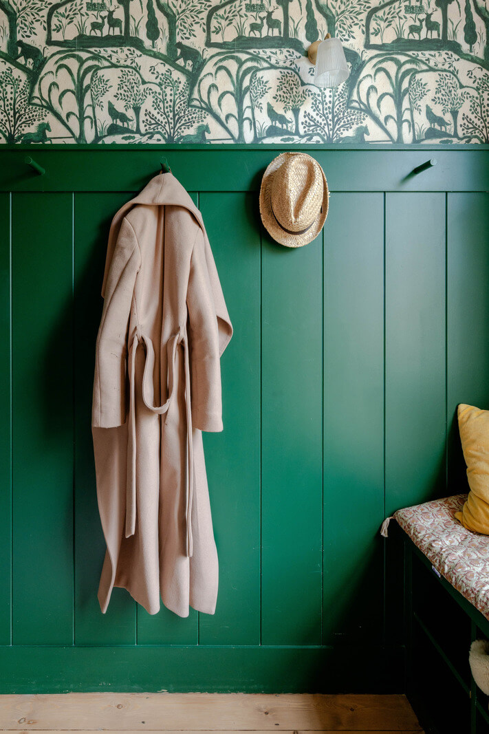 Vibrant Colors in a 19th-Century Regency Townhouse in England 9 boot room green paneled walls wallpaper