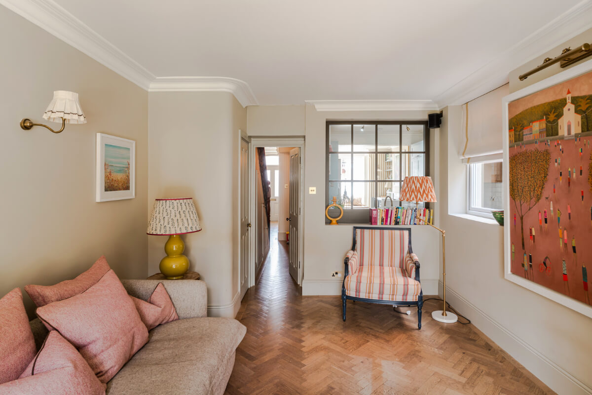 Color, Pattern, and Texture in a Renovated London Townhouse 10 calm sitting room beige walls herringbone parquet floor