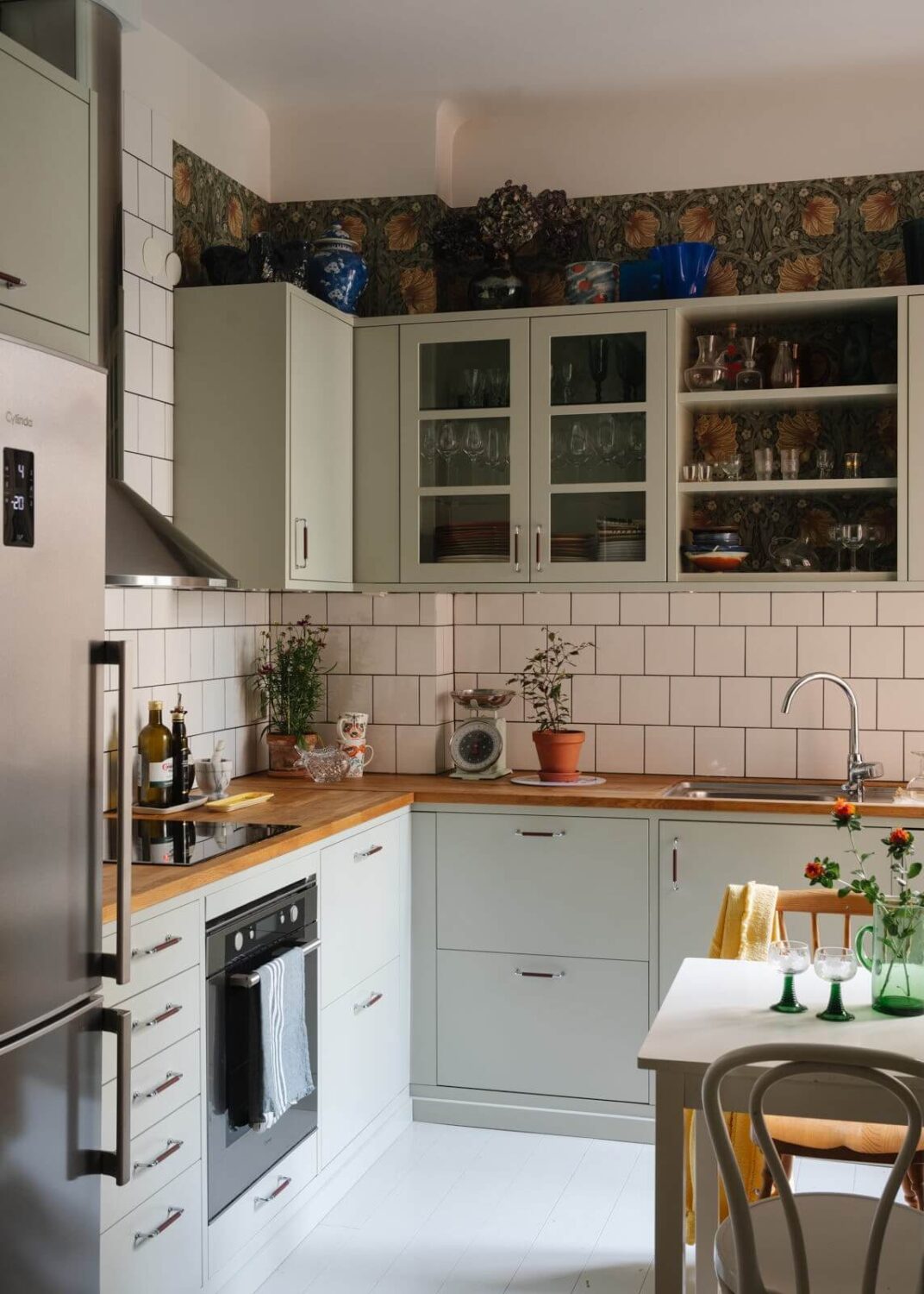 The Pros and Cons of a Wooden Kitchen Countertop 18 charming kitchen with william morris pimpernel wallpaper nordroom