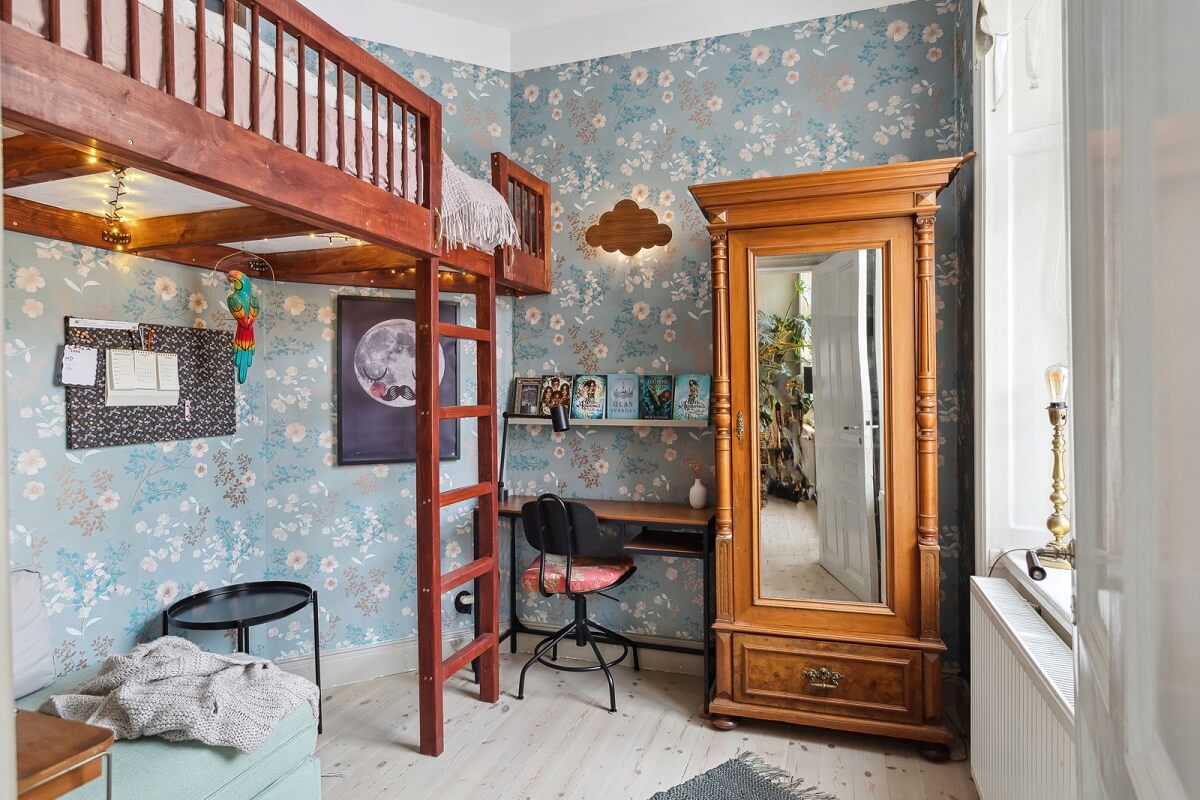 A Swedish Apartment with a Lovely Kitchen 12 childrens-room-bunk-bed-blue-wallpaper-desk-nordroom