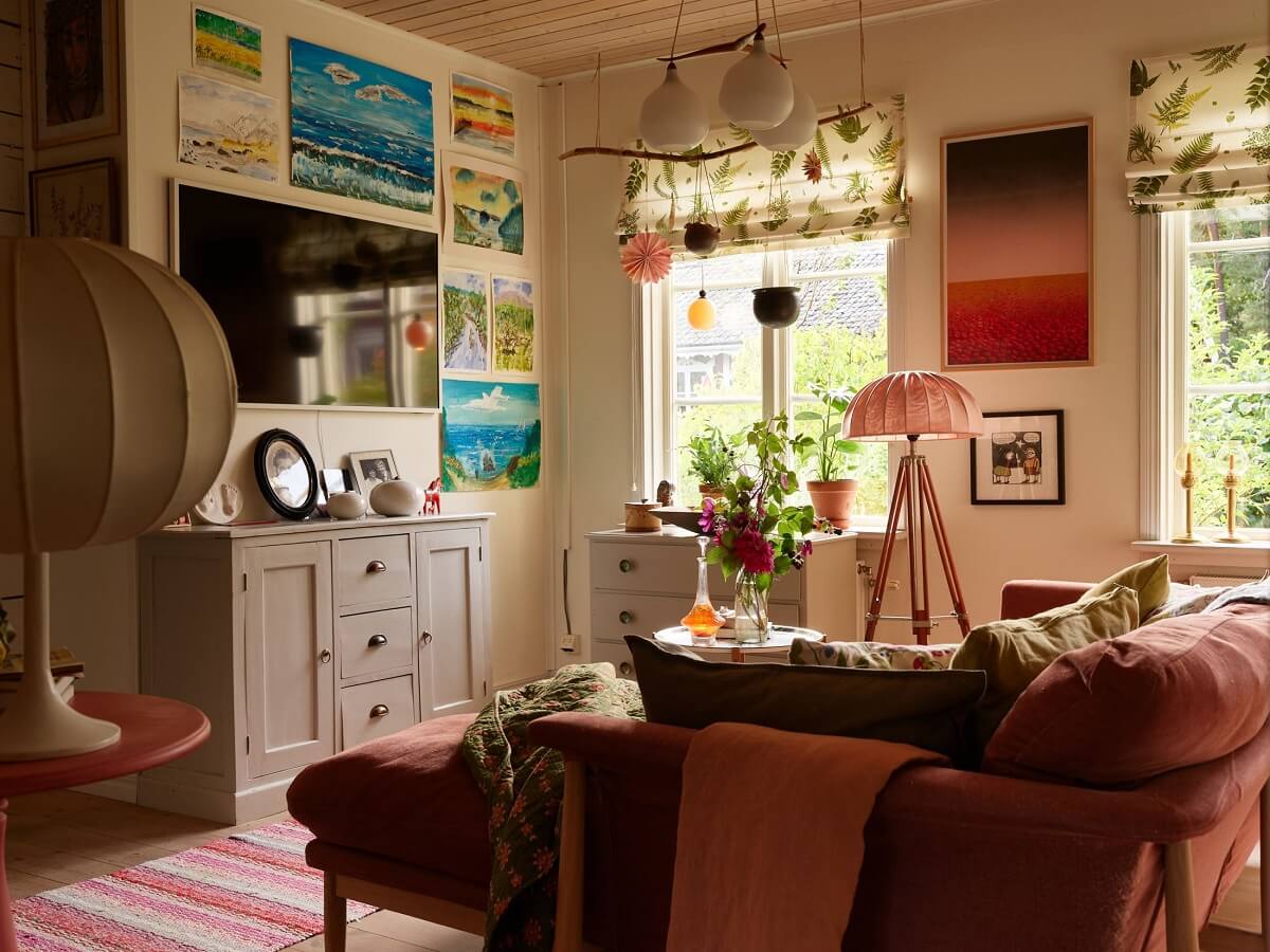color and patterns living room pink sofa