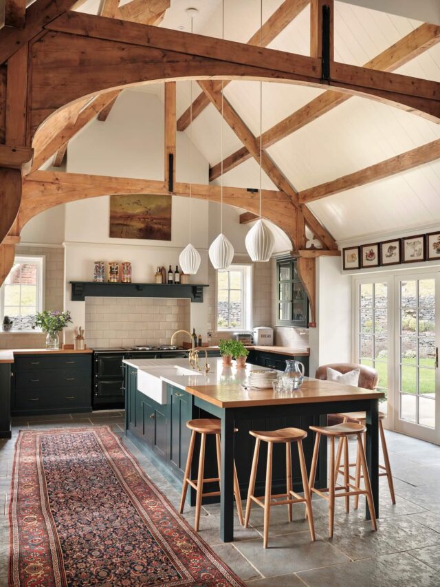 kitchen-island-devol-kitchen-exposed-wooden-beams-kilim-runner-family-room-nordroom