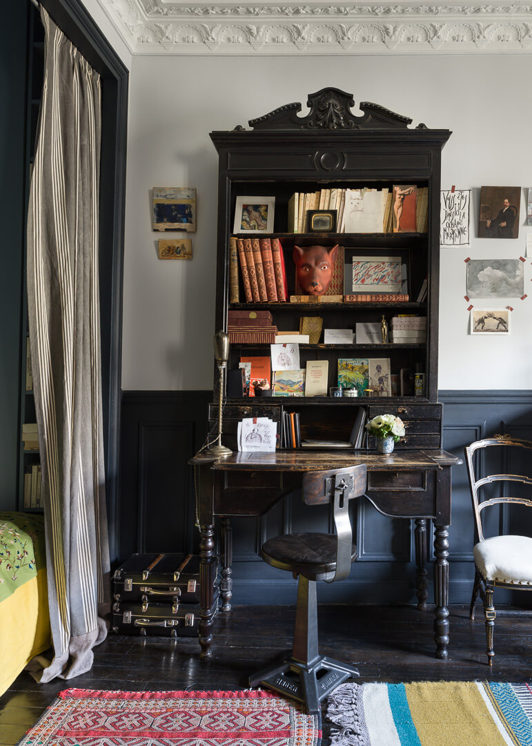 52 Studio Apartments with a Curtain Room Divider 9 curtain-divder-bed-nook-antique-desk-studio-paris-nordroom