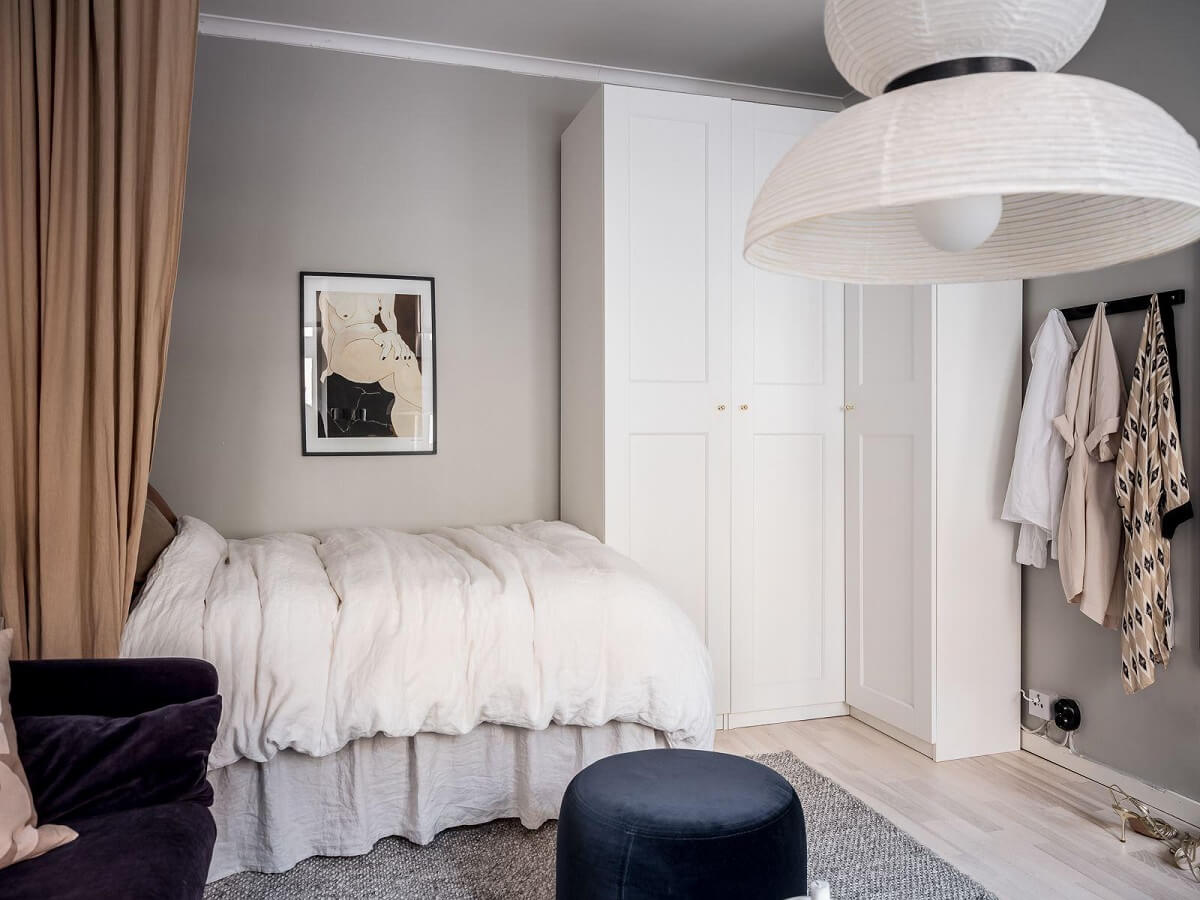 A Cozy Monochrome Gray Studio Apartment 6 curtain room didiver corner wardrobes studio apartment