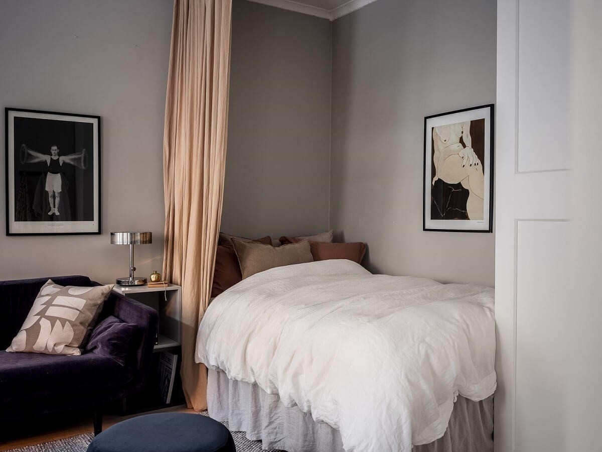 A Cozy Monochrome Gray Studio Apartment 5 curtain room divider studio apartment