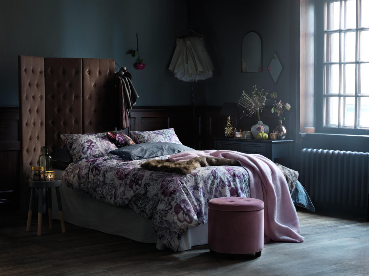 Beautiful Dark Feminine Bedroom Ideas For Every Style 7 dark bedroom with velvet pink screen used as headboard nordroom