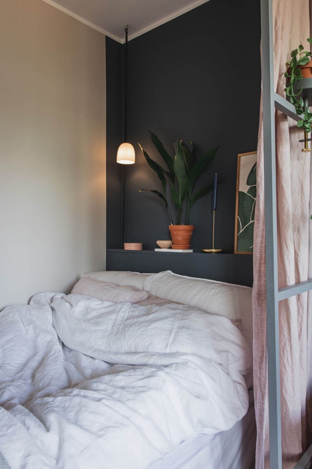 52 Studio Apartments with a Curtain Room Divider 27 dark-blue-accent-wall-color-scheme-one-room-apartment-nordroom