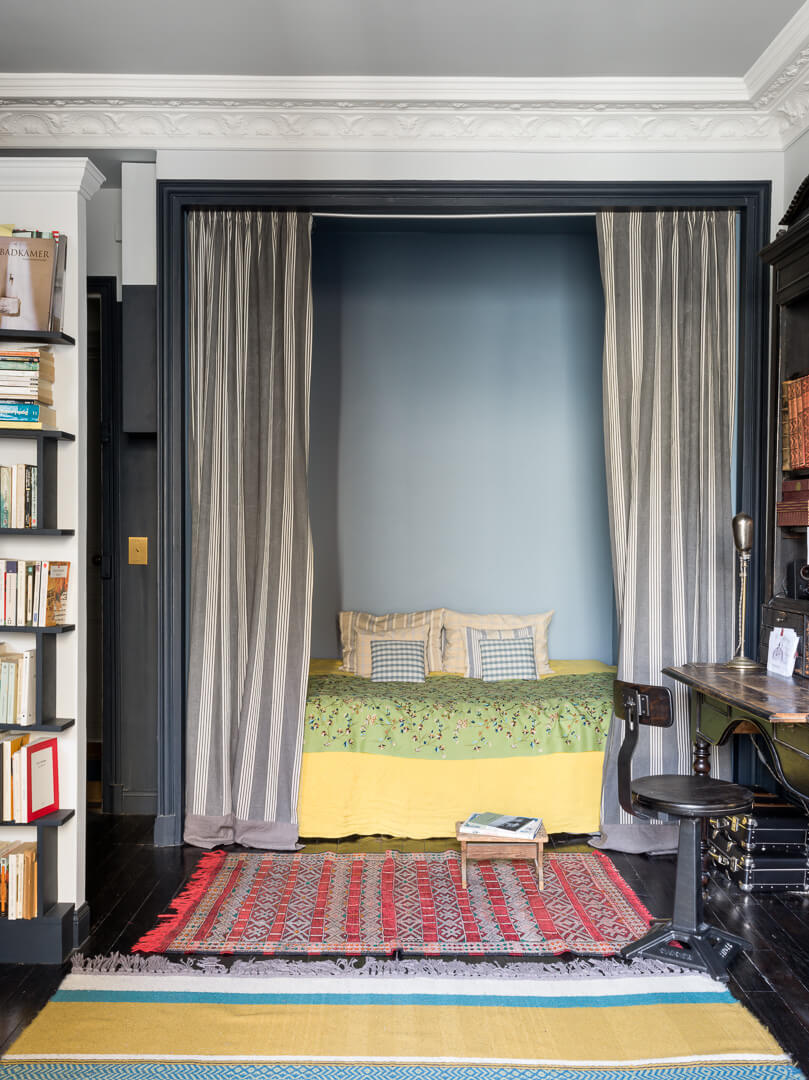 52 Studio Apartments with a Curtain Room Divider 8 dark-blue-bed-nook-curtain-room-divider-paris-studio-apartment-nordroom
