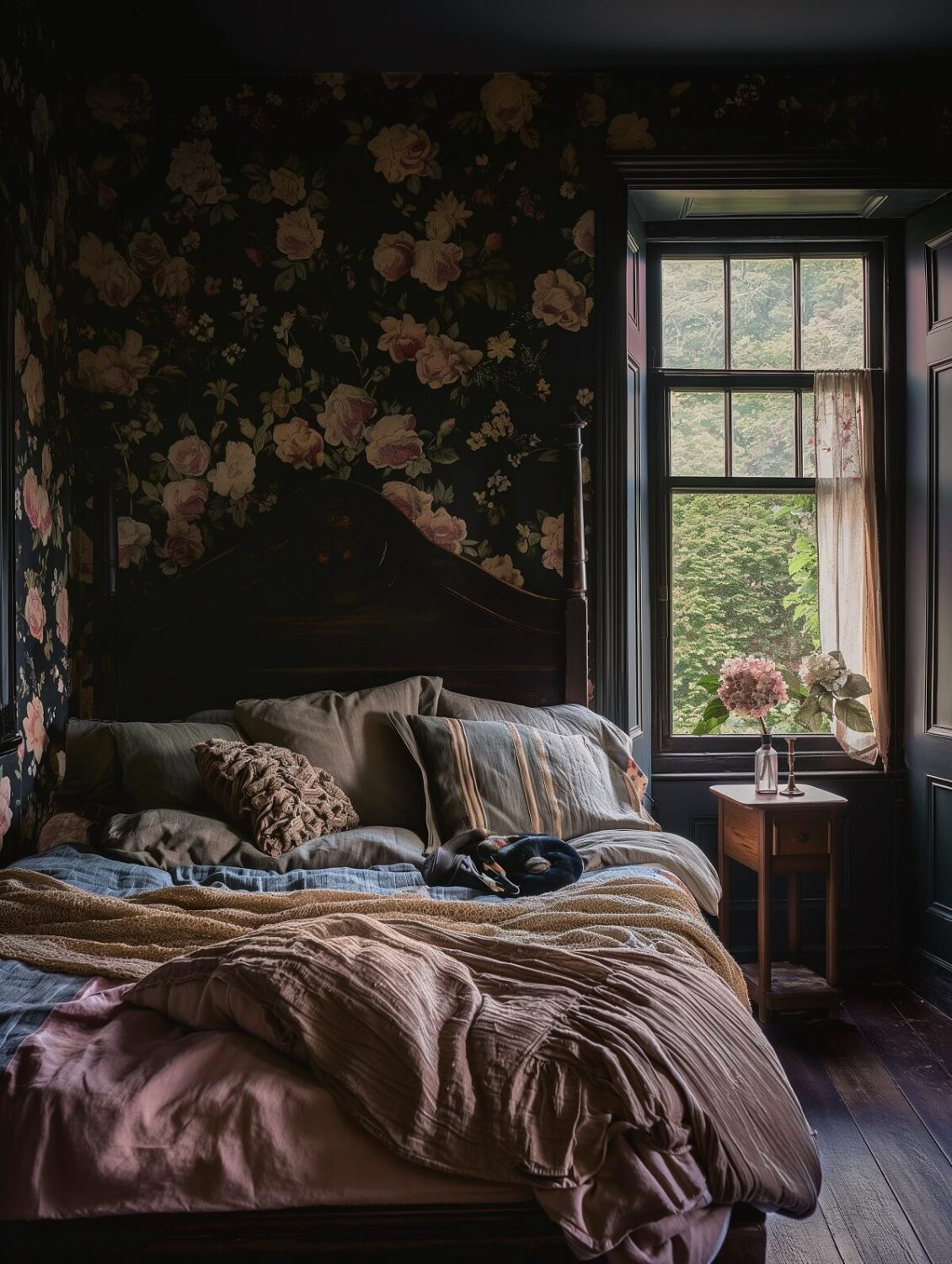 Beautiful Dark Feminine Bedroom Ideas For Every Style 8 dark feminine bedroom with antique bed and floral wallpaper nordroom