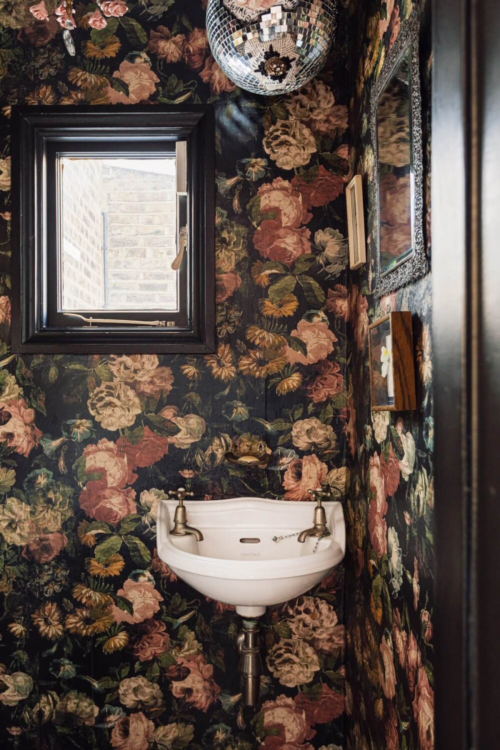 Moody, not Gloomy! Beautiful Dark Small Bathrooms 29 dark-floral-wallpaper-powder-room-nordroom