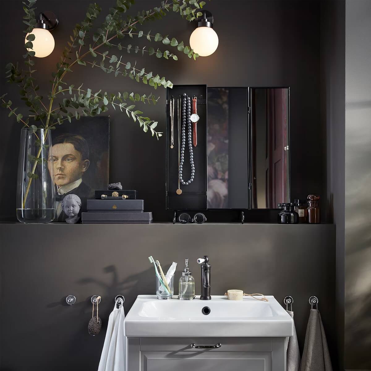 dark gray bathroom with vintage art nordroom