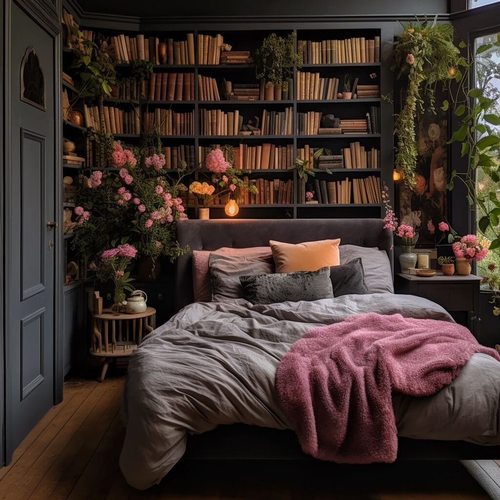 Beautiful Dark Feminine Bedroom Ideas For Every Style 2 dark gray bedroom pink accents books nordroom