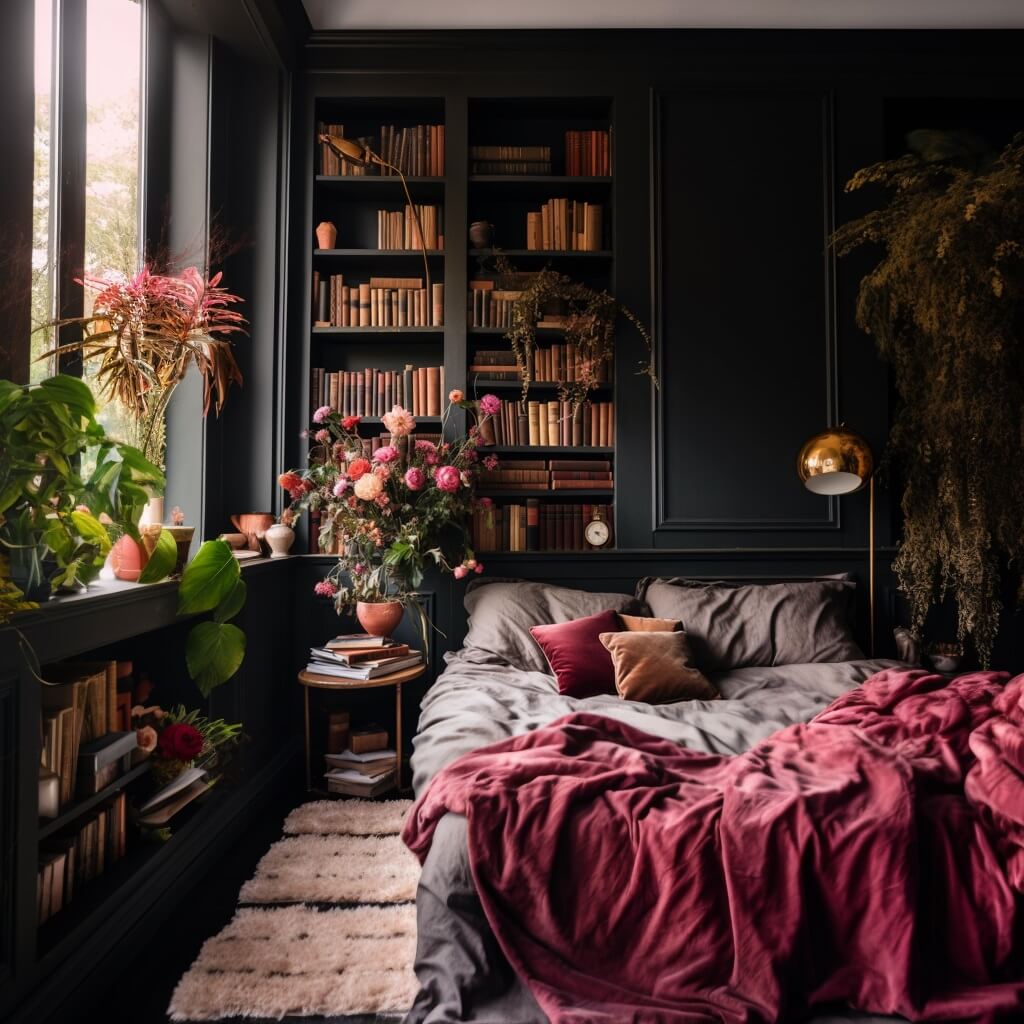 Beautiful Dark Feminine Bedroom Ideas For Every Style 14 dark gray bedroom with pink textiles and bookshelves nordroom