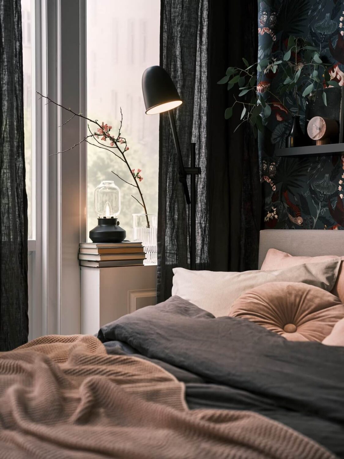 Beautiful Dark Feminine Bedroom Ideas For Every Style 10 dark green rose wallpaper pink bedding bedroom nordroom