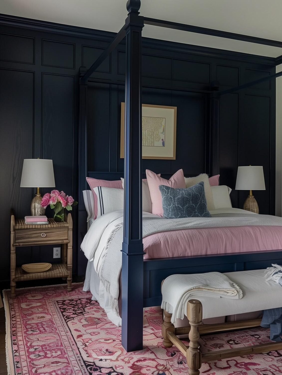 Beautiful Dark Feminine Bedroom Ideas For Every Style 4 dark wood paneled bedroom with pink textiles and canopy bed nordroom