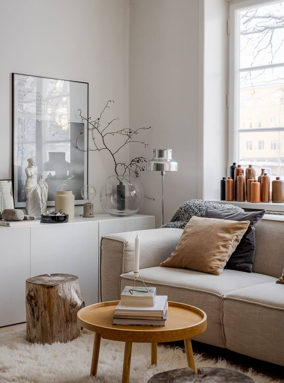 detail scandinavian living room low white cabinets nordroom