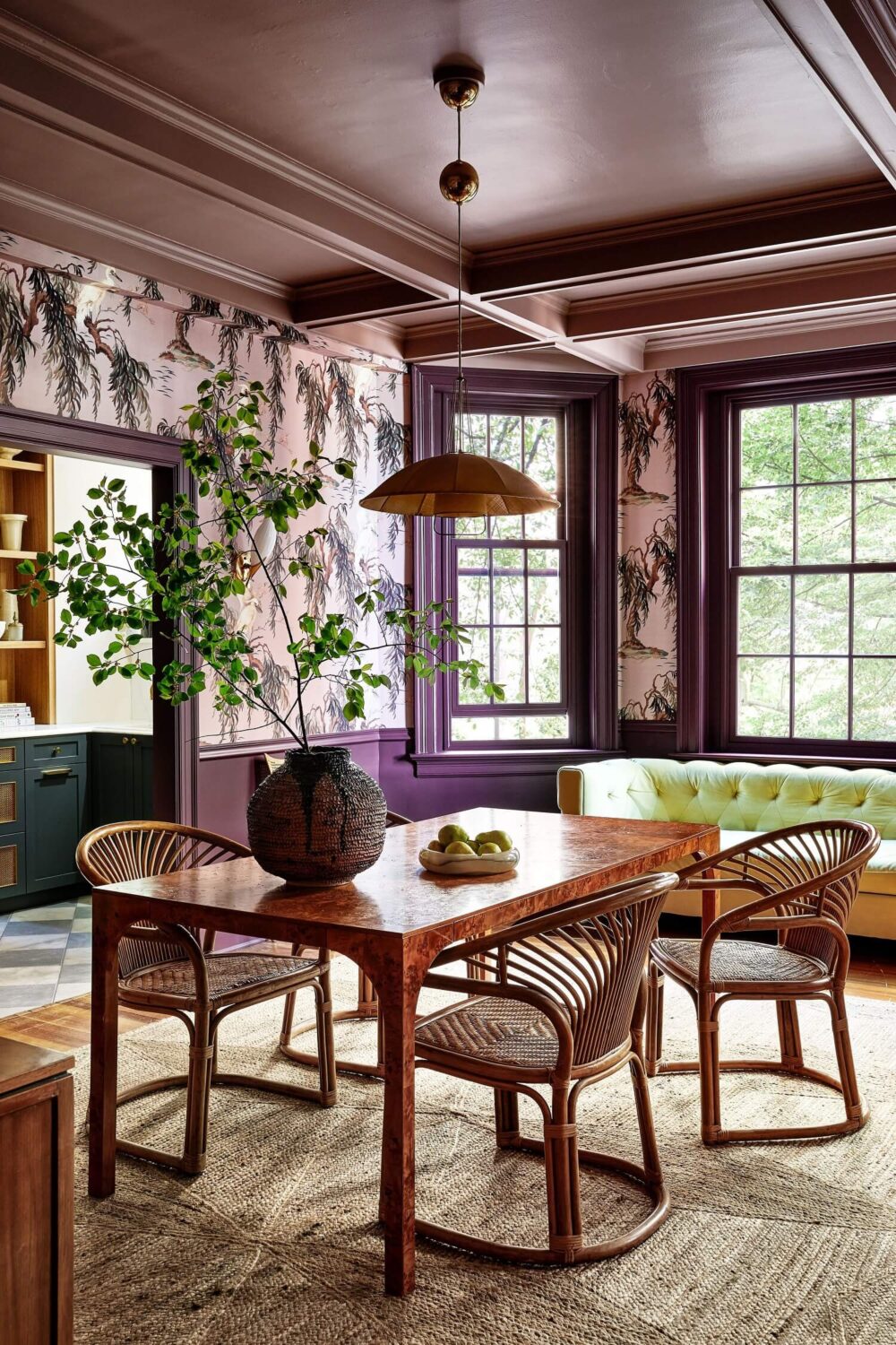 The Color Trends for 2025: Warm, Natural Shades and a Cheerful Accent 53 dining-room-lounge-space-house-of-hackney-zeus-wallpaper-purple-accents-nordroom