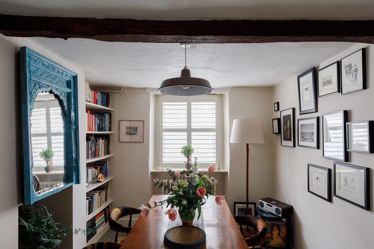 dining room with bookshelves