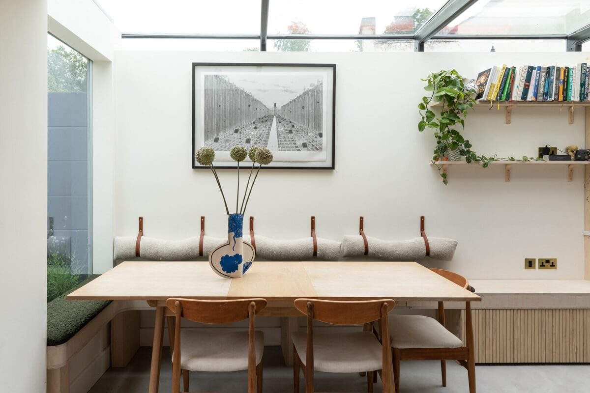A London Family Home with a Light Modern Extension 6 dining table bench seating skylight nordroom