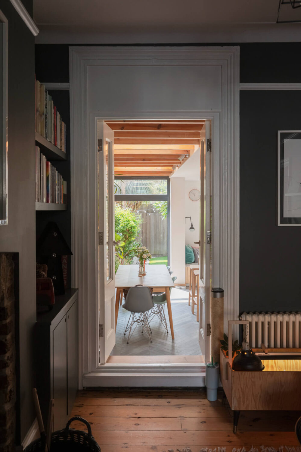 Exposed Brick and Wooden Beams in an Extended London Home 6 double doors to kitchen