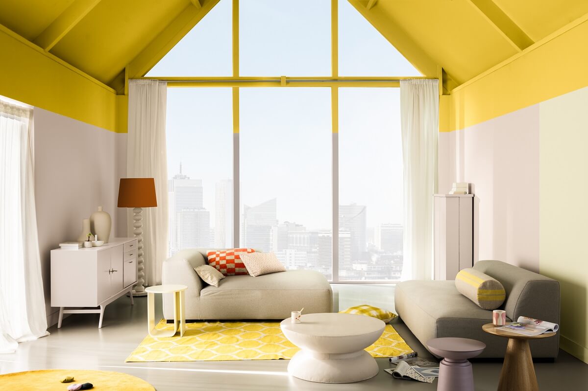The Color Trends for 2025: Warm, Natural Shades and a Cheerful Accent 6 dulux-colour-of-the-year-2025-True-Joy-Dare living room painted ceiling