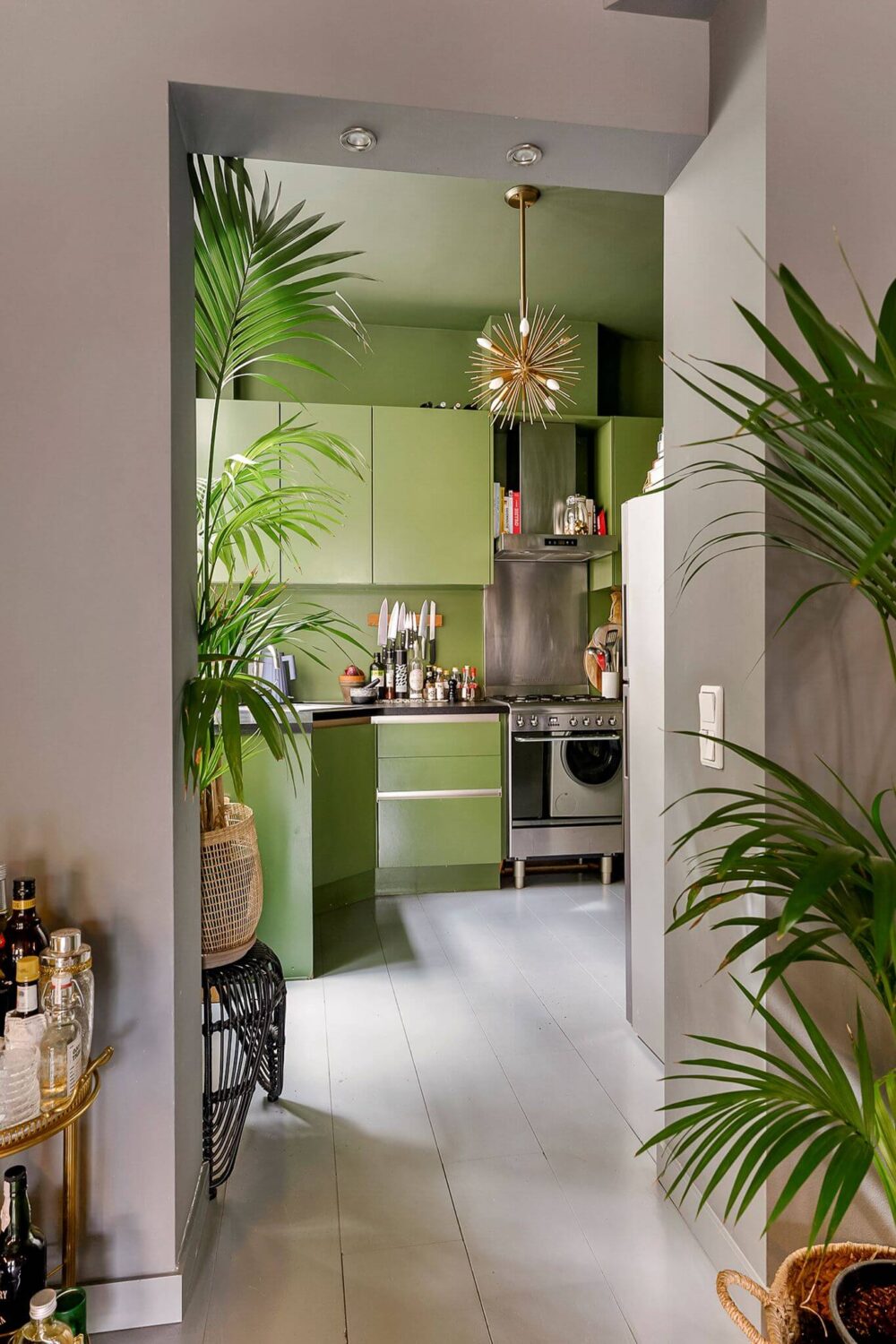 An Amsterdam Apartment with Surprising Bold Color Accents 7 entry into green kitchen