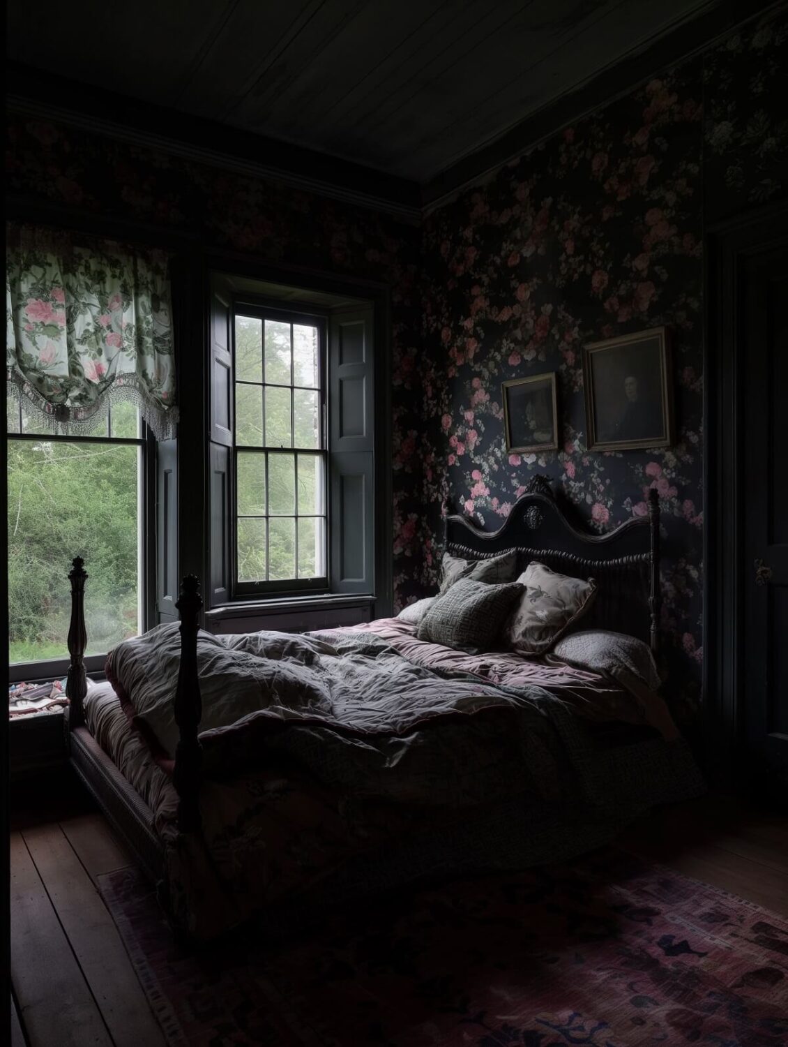 Beautiful Dark Feminine Bedroom Ideas For Every Style 13 floral wallpaper and pink rug in a dark feminine bedroom nordroom