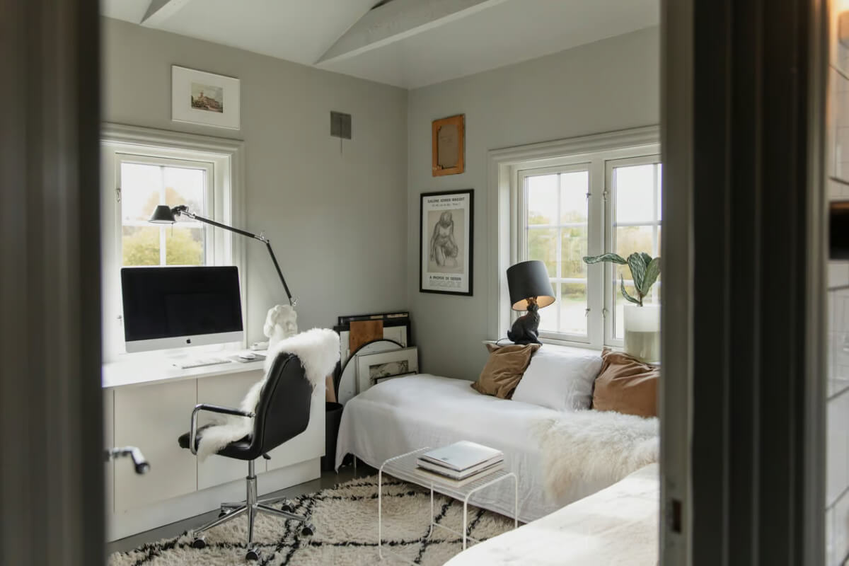 An Open-Plan Gray Home in a Former Textile Factory 14 gray bedroom with desk